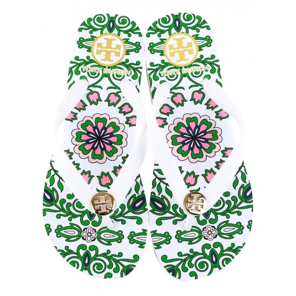 Tory Burch Shoes - Tory Burch Green Pink Floral Pattern Garden Party flip flops Women’s Size 11-12